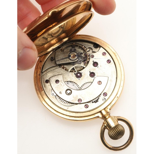 166 - AN 18CT GOLD FULL HUNTING CASED POCKET WATCH. the white enamel dial with Roman numerals and subsidia... 