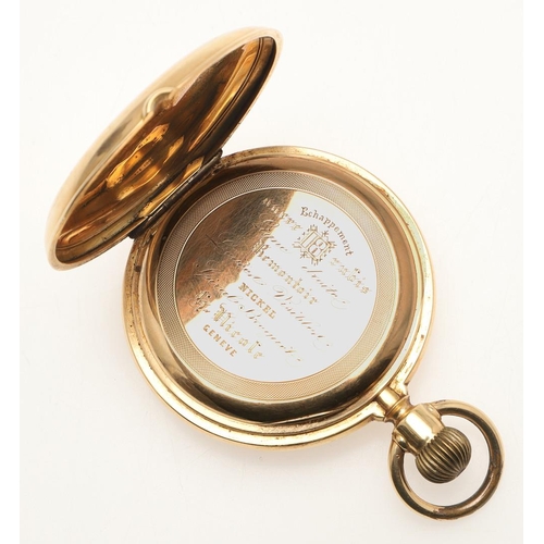 166 - AN 18CT GOLD FULL HUNTING CASED POCKET WATCH. the white enamel dial with Roman numerals and subsidia... 