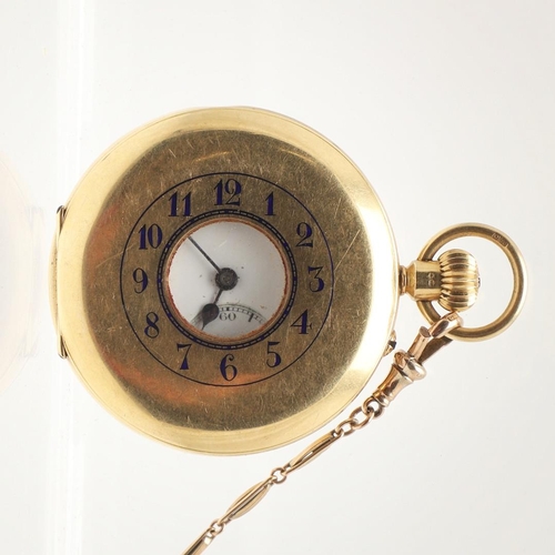 169 - AN 18CT GOLD HALF HUNTING CASED POCKET WATCH. the white enamel dial with Roman numerals and subsidia... 