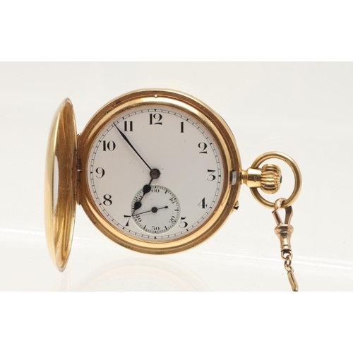 169 - AN 18CT GOLD HALF HUNTING CASED POCKET WATCH. the white enamel dial with Roman numerals and subsidia... 