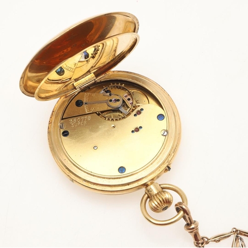 169 - AN 18CT GOLD HALF HUNTING CASED POCKET WATCH. the white enamel dial with Roman numerals and subsidia... 