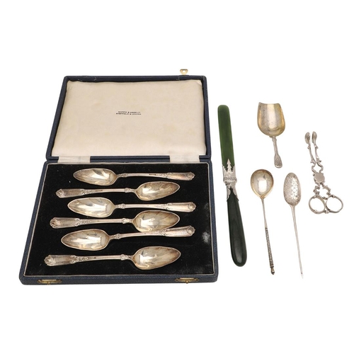 17 - A MIXED LOT OF SILVER FLATWARE. to include an 18th century silver mote spoon, initialled, a Russian ... 