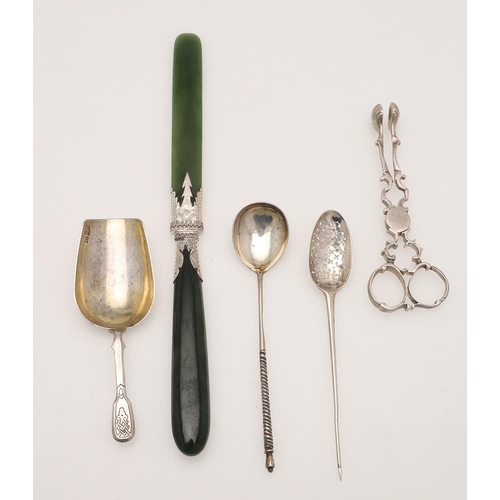 17 - A MIXED LOT OF SILVER FLATWARE. to include an 18th century silver mote spoon, initialled, a Russian ... 