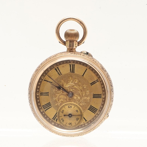 170 - A 14CT GOLD OPEN FACED POCKET WATCH. the foliate engraved dial with Roman numerals and subsidiary se... 