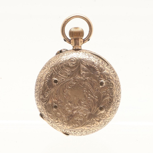 170 - A 14CT GOLD OPEN FACED POCKET WATCH. the foliate engraved dial with Roman numerals and subsidiary se... 