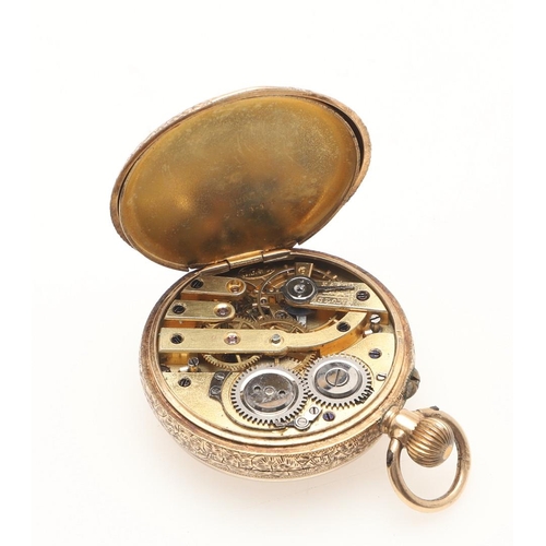 170 - A 14CT GOLD OPEN FACED POCKET WATCH. the foliate engraved dial with Roman numerals and subsidiary se... 