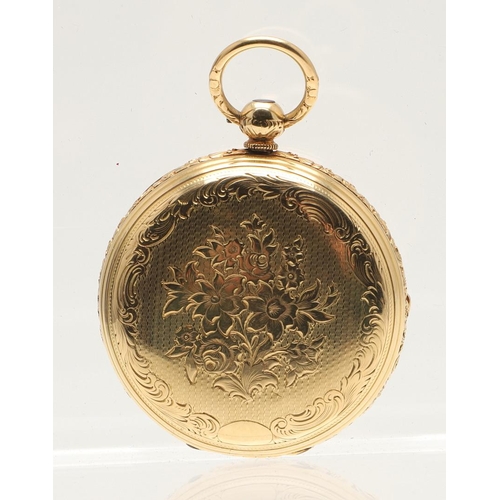 171 - AN 18CT GOLD OPEN FACED POCKET WATCH. the gold coloured dial with foliate engraved decoration and Ro... 