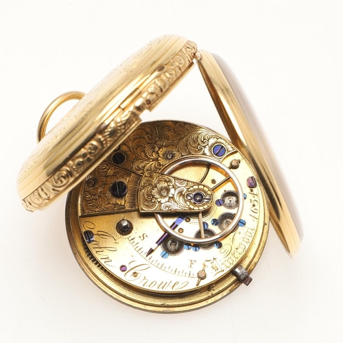 171 - AN 18CT GOLD OPEN FACED POCKET WATCH. the gold coloured dial with foliate engraved decoration and Ro... 