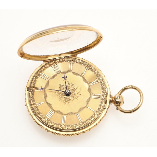 171 - AN 18CT GOLD OPEN FACED POCKET WATCH. the gold coloured dial with foliate engraved decoration and Ro... 