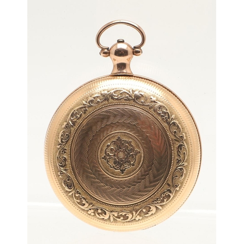 174 - A 19TH CENTURY 18CT GOLD OPEN FACED POCKET WATCH. the gold coloured dial with engine turned decorati... 