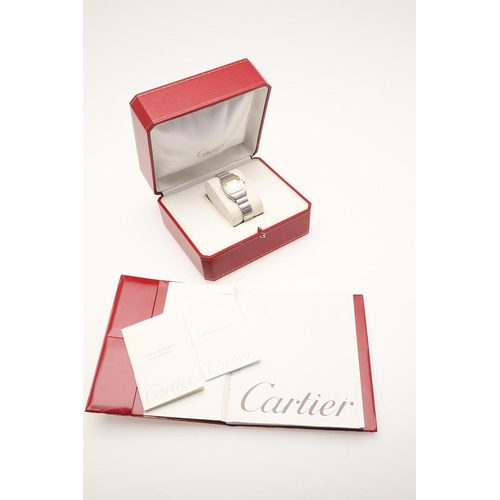 179 - A LADY'S STAINLESS STEEL AND GOLD AUTOMATIC SANTOS WRISTWATCH BY CARTIER. the signed square-shaped d... 