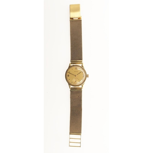 183 - AN 18CT GOLD WRISTWATCH BY ZENITH. the signed gold coloured dial with Arabic quarters and dot numera... 