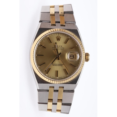 186 - A GENTLEMAN'S STAINLESS STEEL AND GOLD OYSTERQUARTZ DATEJUST WRISTWATCH BY ROLEX. signed circular go... 