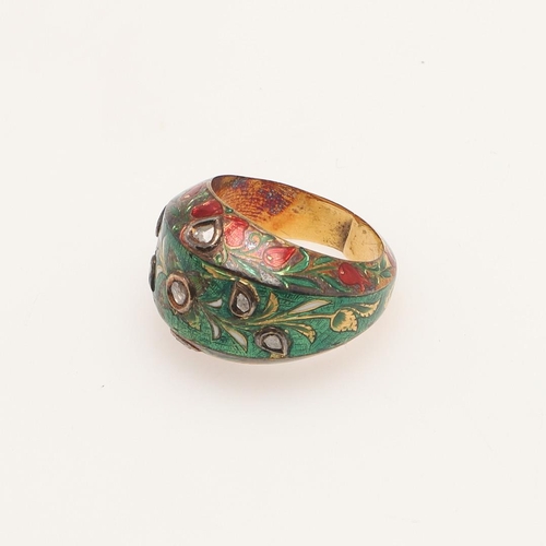 198 - AN ANTIQUE INDIAN DIAMOND, ENAMEL AND GOLD RING. the gold mount with red, green and white foliate en... 