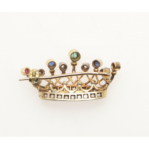 221 - A DIAMOND, EMERALD, RUBY AND SAPPHIRE CORONET BROOCH. mounted with rose-cut diamonds and with circul... 