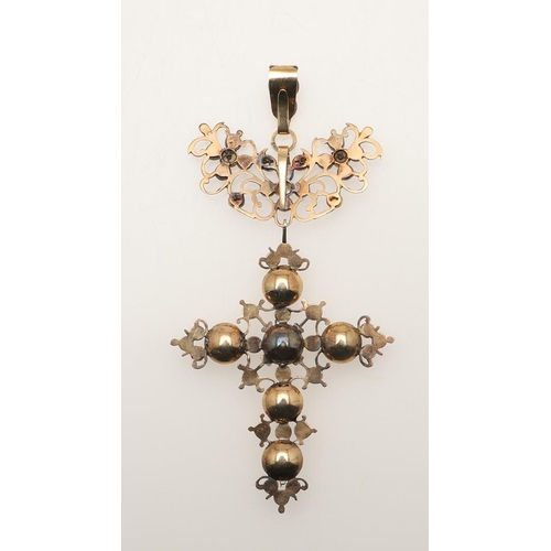 223 - A 19TH CENTURY GARNET, PEARL AND GOLD CRUCIFORM PENDANT. of openwork design, mounted with circular-c... 