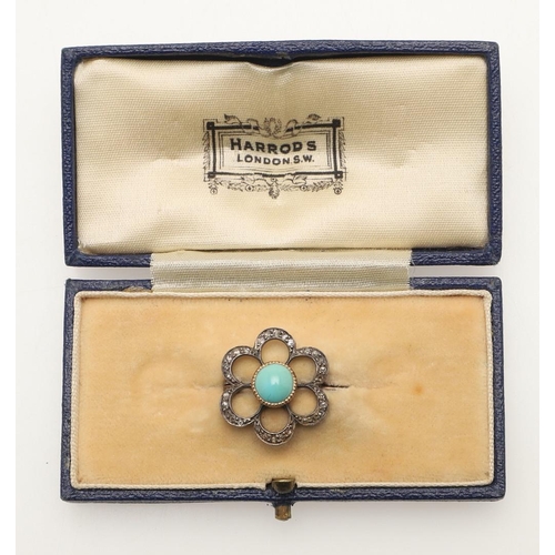 226 - A VICTORIAN TURQUOISE AND DIAMOND BROOCH. of flowerhead form, centred with a circular cabochon turqu... 