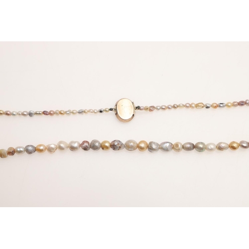 235 - A SINGLE ROW GRADUATED BAROQUE MULTI-COLOURED NATURAL PEARL NECKLACE. the pearls graduate to a Georg... 