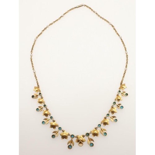 243 - A VICTORIAN TURQUOISE, PEARL AND GOLD NECKLACE. of foliate drop form, mounted with circular turquois... 