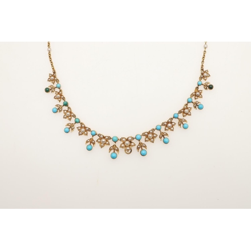 243 - A VICTORIAN TURQUOISE, PEARL AND GOLD NECKLACE. of foliate drop form, mounted with circular turquois... 