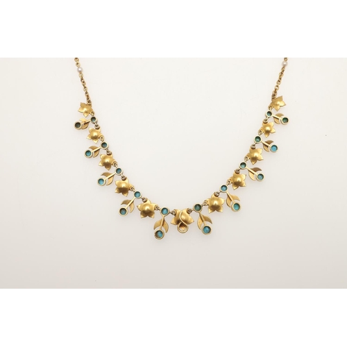 243 - A VICTORIAN TURQUOISE, PEARL AND GOLD NECKLACE. of foliate drop form, mounted with circular turquois... 