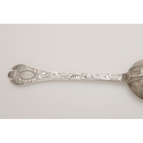 25 - A JAMES II SILVER TREFID SPOON. with a ribbed rattail and engraved with arabesques & acanthus decora... 