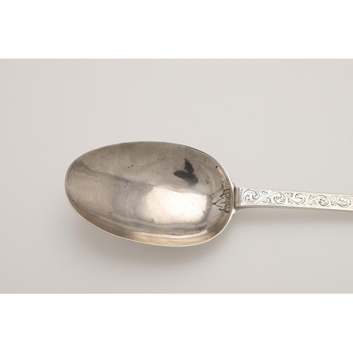 25 - A JAMES II SILVER TREFID SPOON. with a ribbed rattail and engraved with arabesques & acanthus decora... 