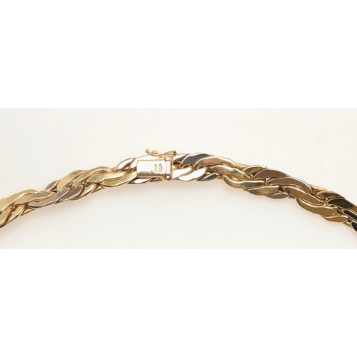 253 - AN 18CT GOLD NECKLACE. formed with plain and textured scrolling links to a concealed clasp, 45cm lon... 