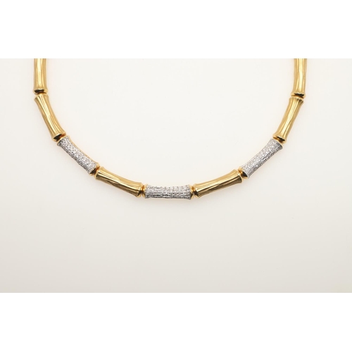 259 - A DIAMOND AND 18CT GOLD COLLAR NECKLACE. formed with textured links of bamboo design, with three dia... 