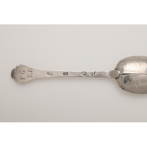 27 - A WILLIAM & MARY SILVER LACE-BACK TREFID SPOON. with a ribbed rattail and foliate scroll decoration,... 