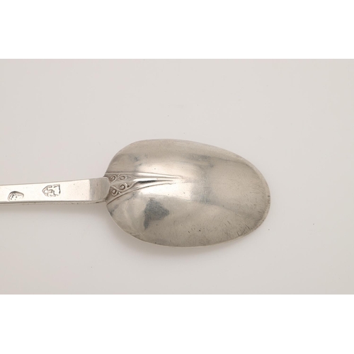 35 - A CHARLES II SILVER TREFID SPOON. the oval bowl with a ribbed & scrolling rattail and engraved on th... 