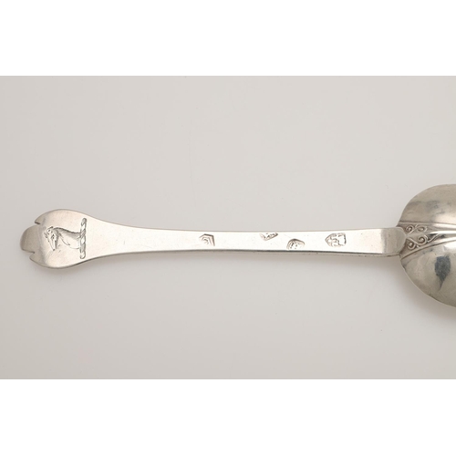 35 - A CHARLES II SILVER TREFID SPOON. the oval bowl with a ribbed & scrolling rattail and engraved on th... 