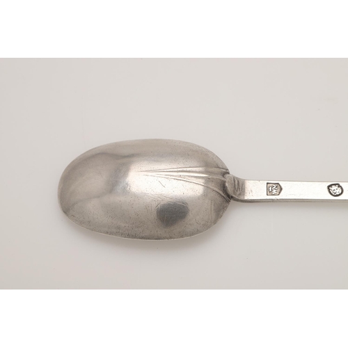 39 - A JAMES II SILVER TREFID SPOON. with a ribbed rattail and the back of the terminal engraved with scr... 