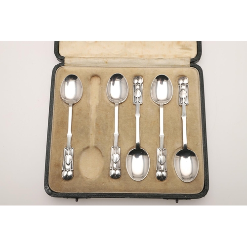 40 - A 20TH CENTURY CASED SET OF SIX SILVER TEA/ COFFEE SPOONS, BY GEORG JENSEN LTD. Cactus pattern (+ 2 ... 