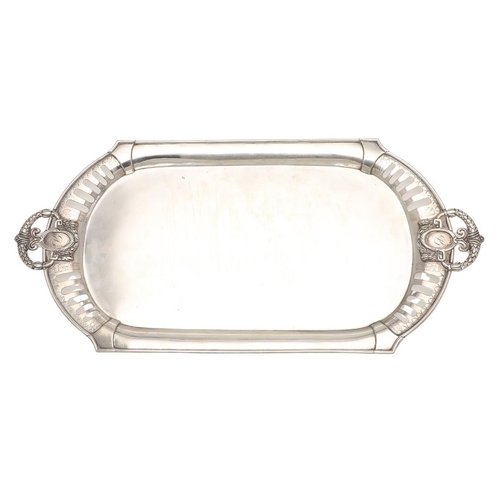 48 - AN INDIAN SILVER TWO-HANDLED TRAY. of shaped rectangular outline, with twin ribbon tied handles, ini... 