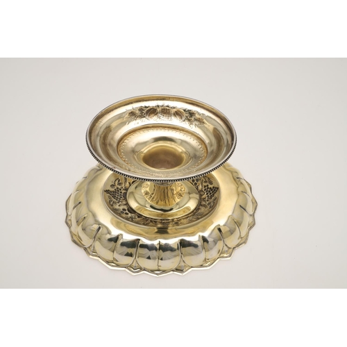 51 - A VICTORIAN SILVERGILT FRUIT TAZZA & MATCHING DISHES. of shaped oval outline, with bead borders and ... 