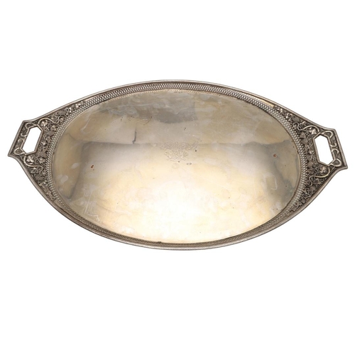 56 - AN EARLY 19TH CENTURY RUSSIAN TWO-HANDLED SILVER TRAY. oval outline, with a snake-skin border, pierc... 