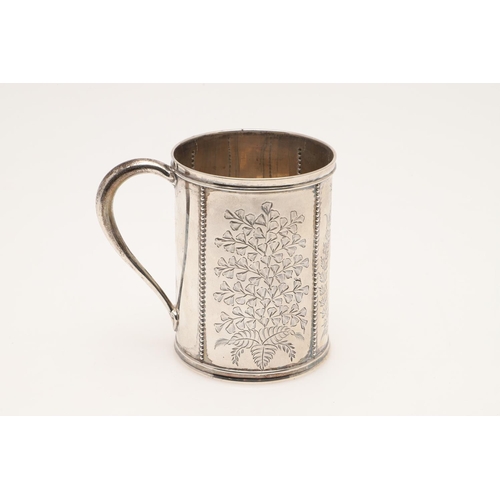 59 - A VICTORIAN ENGRAVED SILVER MUG. circular form, with straight sides, beaded ribs and floral decorati... 