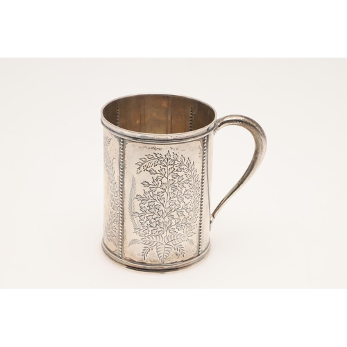 59 - A VICTORIAN ENGRAVED SILVER MUG. circular form, with straight sides, beaded ribs and floral decorati... 