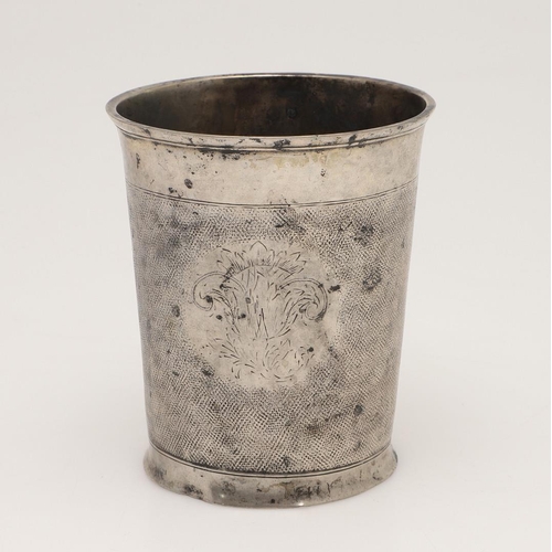 67 - A LATE 18TH/ EARLY 19TH CENTURY SCANDINAVIAN SILVER BEAKER. of tapering circular form, with prick en... 