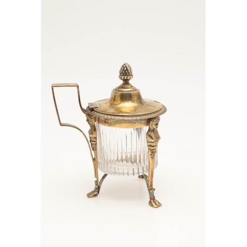 68 - A 19TH CENTURY FRENCH SILVERGILT FOUR-PIECE CONDIMENT SET. a mustard pot & three salts of circular f... 