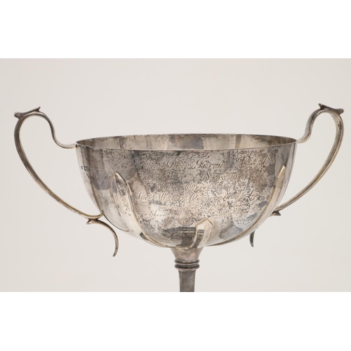 71 - A GEORGE V TWO-HANDLED SILVER CUP. of circular form, the bowl with applied bands, scroll handles and... 