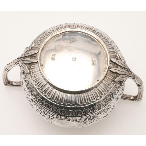 72 - A LATE VICTORIAN FOUR-PIECE SILVER TEA & COFFEE SERVICE. of circular form, with naturalistic handles... 