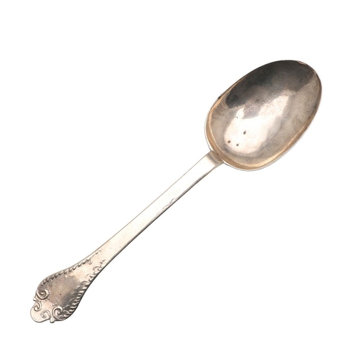 8 - A CHARLES II LACE-BACK SILVER TREFID SPOON. with a ribbed rattail, scratched on the back of the term... 