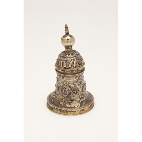 82 - A WILLIAM IV SILVERGILT BELL SALT. in the 16th century style, in two sections, with chased decoratio... 