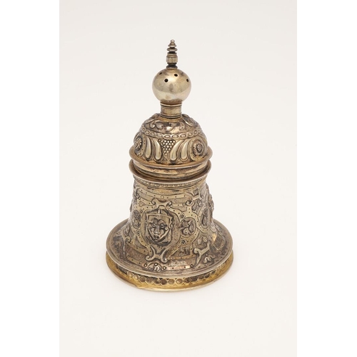 82 - A WILLIAM IV SILVERGILT BELL SALT. in the 16th century style, in two sections, with chased decoratio... 