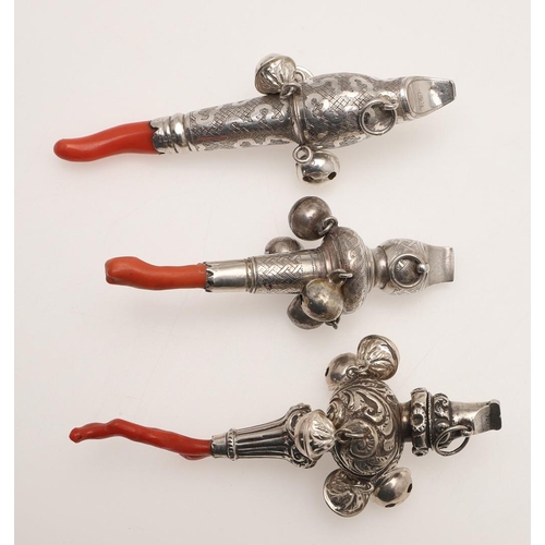 94 - A GEORGE III SILVER BABY'S RATTLE. with a coral teether & three hanging bells, decorated  with wrigg... 