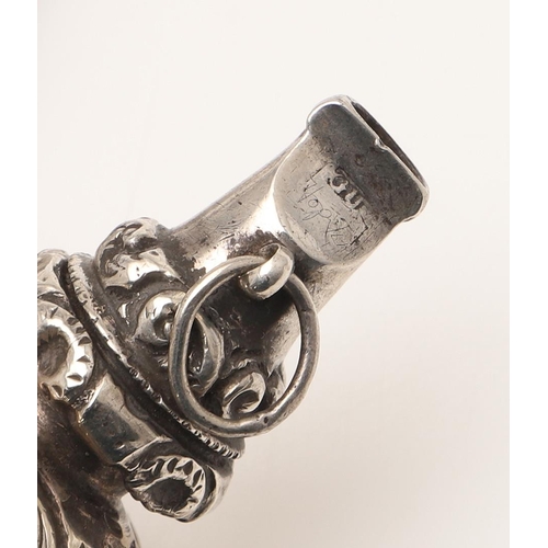 94 - A GEORGE III SILVER BABY'S RATTLE. with a coral teether & three hanging bells, decorated  with wrigg... 