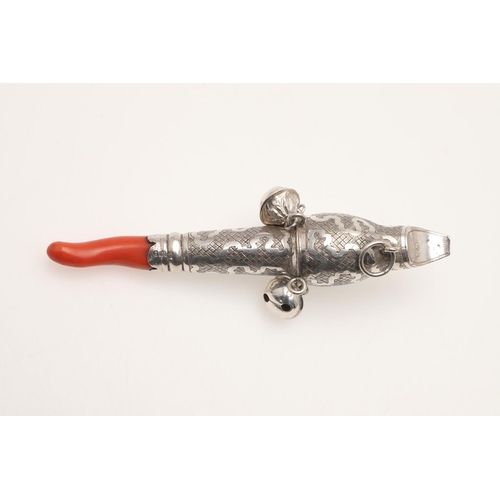 94 - A GEORGE III SILVER BABY'S RATTLE. with a coral teether & three hanging bells, decorated  with wrigg... 