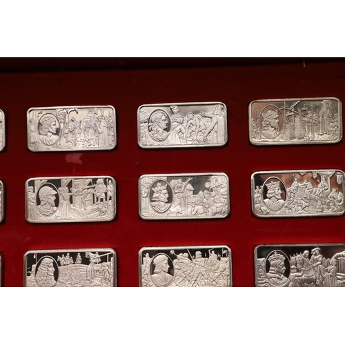 97 - AN ELIZABETH II CASED SET OF FIFTY COMMEMORATIVE SILVER INGOTS. of rectangular form, each depicting ... 